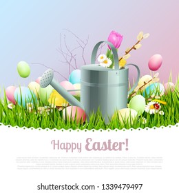 Sweet Easter greeting card with colorful eggs and watering can in the grass. Place for your text