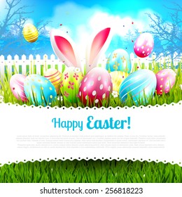 Sweet Easter greeting card with colorful eggs in the grass 