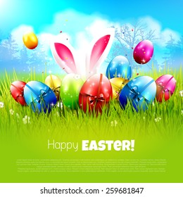 Sweet Easter greeting card with colorful eggs in the grass