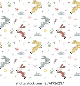 Sweet easter pattern with rabbits. Seamless pattern with rabbit bunny cartoon. Cute easter bunnies in a flower meadow. Funny hares jump. Vector illustration. Colorful festive background.