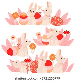 Conejos de Pascua dulces y huevos decorados con composiciones de acentos florales
