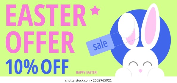 Sweet easter sale illustration with color Painted Egg and white rabbit on yellow background. Vector Easter Holiday Design Template for Coupon, Banner, Voucher or Promotional Poster. Bunnywith label.