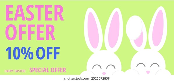 Sweet easter sale illustration with color Painted Egg and white rabbit on yellow background. Vector Easter Holiday Design Template for Coupon, Banner, Voucher or Promotional Poster. Bunnywith label.