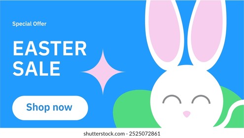 Sweet easter sale illustration with color Painted Egg and white rabbit on yellow background. Vector Easter Holiday Design Template for Coupon, Banner, Voucher or Promotional Poster. Bunnywith label.