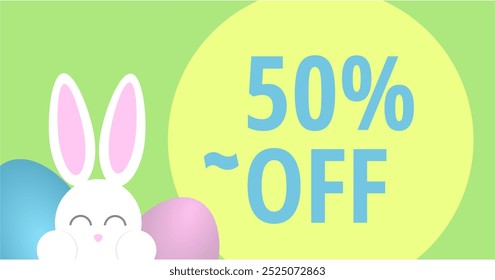 Sweet easter sale illustration with color Painted Egg and white rabbit on yellow background. Vector Easter Holiday Design Template for Coupon, Banner, Voucher or Promotional Poster. Bunnywith label.