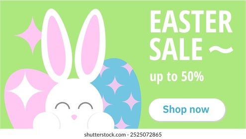 Sweet easter sale illustration with color Painted Egg and white rabbit on yellow background. Vector Easter Holiday Design Template for Coupon, Banner, Voucher or Promotional Poster. Bunnywith label.