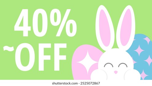 Sweet easter sale illustration with color Painted Egg and white rabbit on yellow background. Vector Easter Holiday Design Template for Coupon, Banner, Voucher or Promotional Poster. Bunnywith label.