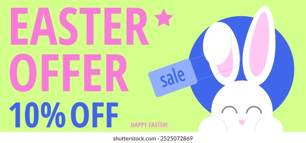 Sweet easter sale illustration with color Painted Egg and white rabbit on yellow background. Vector Easter Holiday Design Template for Coupon, Banner, Voucher or Promotional Poster. Bunnywith label.