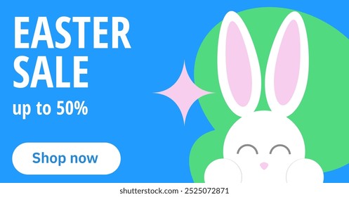 Sweet easter sale illustration with color Painted Egg and white rabbit on yellow background. Vector Easter Holiday Design Template for Coupon, Banner, Voucher or Promotional Poster. Bunnywith label.