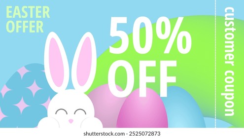 Sweet easter sale illustration with color Painted Egg and white rabbit on yellow background. Vector Easter Holiday Design Template for Coupon, Banner, Voucher or Promotional Poster. Bunnywith label.