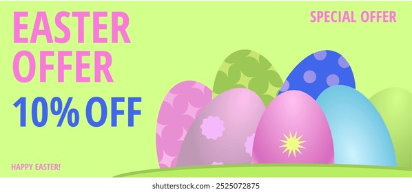 Sweet easter sale illustration with color Painted Egg and white rabbit on yellow background. Vector Easter Holiday Design Template for Coupon, Banner, Voucher or Promotional Poster. Bunnywith label.