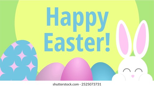 Sweet easter sale illustration with color Painted Egg and white rabbit on a yellow background. Vector Easter Holiday Design Template for Coupon, Banner, Voucher or Promotional Poster. Bunny.