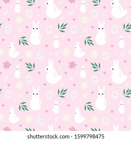 sweet Easter seamless pattern with Easter bunny and eggs in vector. Easter background in doodle style in pastel colors in vector