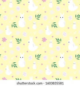 sweet Easter seamless pattern with Easter bunny and eggs in vector. Easter background in doodle style in pastel colors in vector