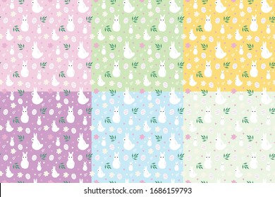 sweet Easter seamless pattern with Easter bunny and eggs in vector. Easter background in doodle style in pastel colors in vector