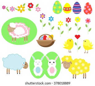 Sweet Easter set with eggs, sheep, rabbit, flowers and chicken