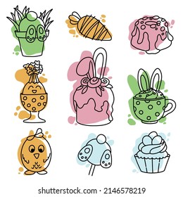 Dulce set de Pascua con graciosos conejitos. Contorno y elementos de color.