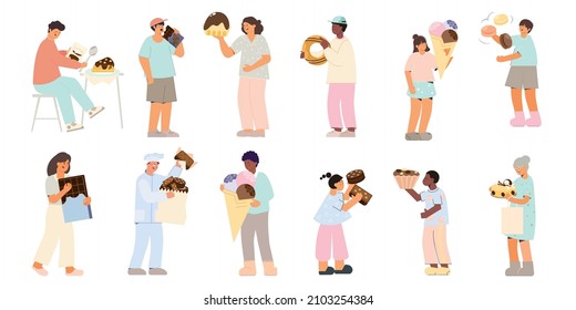 Sweet eat set with flat isolated human characters of different age and skin color eating sweets vector illustration