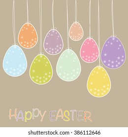 Sweet eggs with flowers hanging on background for Easter greeting card, vector illustration.