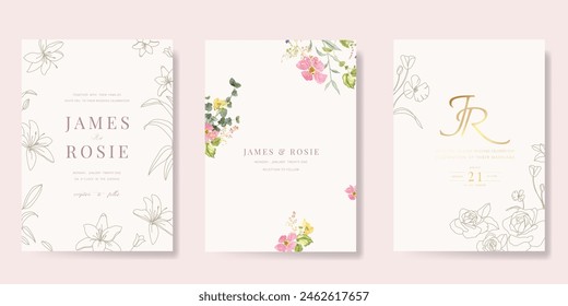 sweet elegant pink botanical Wedding Invitation, floral invite thank you, rsvp modern card Design in leaf and flower water color texture decorative Vector elegant rustic template