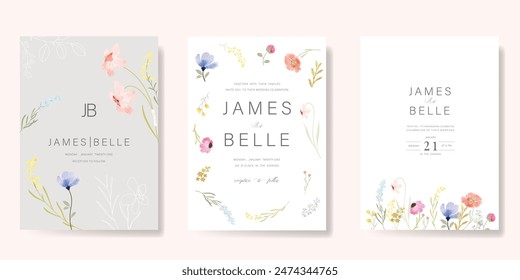 sweet elegant pink botanical Wedding Invitation, floral invite thank you, rsvp modern card Design in leaf and flower water color texture decorative Vector elegant rustic template