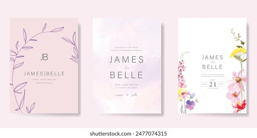 sweet elegant pink botanical Wedding Invitation, floral invite thank you, rsvp modern card Design in leaf and flower water color texture decorative Vector elegant rustic template