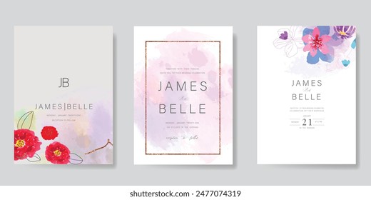 sweet elegant pink botanical Wedding Invitation, floral invite thank you, rsvp modern card Design in leaf and flower water color texture decorative Vector elegant rustic template