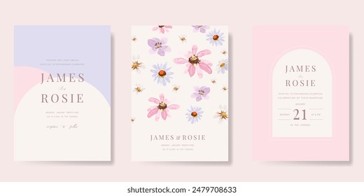 sweet elegant pink botanical Wedding Invitation, floral invite thank you, rsvp modern card Design in leaf and flower water color texture decorative Vector elegant rustic template