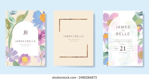 sweet elegant pink botanical Wedding Invitation, floral invite thank you, rsvp modern card Design in leaf and flower water color texture decorative Vector elegant rustic template