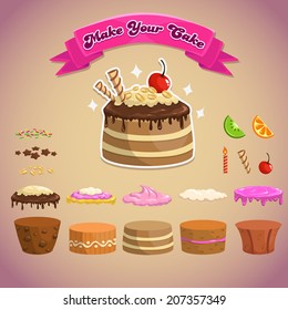 Sweet elements for making your own cake, vector cake constructor