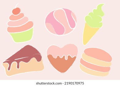 Sweet elements set. Sweet cake, gingerbread, ice cream, heart and cupcake. Stock vectors illustration.