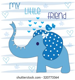 sweet elephant with blue bird and hearts and flowers vector illustration