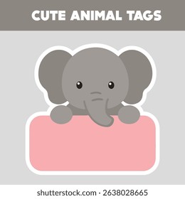 Sweet elephant name tag with soft pink base. Ideal for safari-themed projects, school labels, and baby gift tags. Gentle and cute cartoon character.