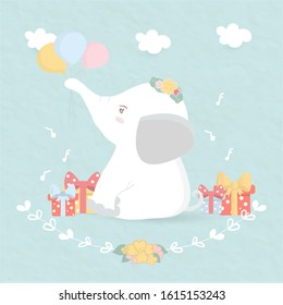 sweet elephant put flower on her head.she sitting and hold balloons.gift boxes around beautiful floral blossom are decorate background.kawaii character is singing happy in baby shower day.