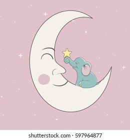 Sweet elephant sitting on the moon and playing with star.Childish design for kid t-shirts,dress or greeting cards.