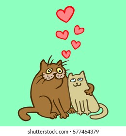 Sweet Enamored Cats. Romantic Mood. Cute Love. Freehand Digital Outline Drawing. Isolated Vector Illustration.