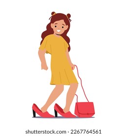 Sweet And Endearing Little Girl, Joyfully Trying On Her Mother Shoes Standing On Tiptoes. Heartwarming Moment For Family Content, Parenting Or Lifestyle Themes. Cartoon People Vector Illustration