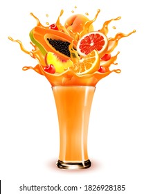 Zumo exótico dulce salpicado. Papaya, cereza, melocotón, pomelo y naranja enteras y rebanadas en salsa o cóctel dulce con salpicaduras y gotas aisladas en un fondo transparente. 3 D. Vector.