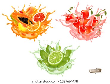 Sweet Exotic Juice Splash. Whole And Sliced Papaya, Cherry, Peach, Grapefruit And Orange In A Sweet Juce Or Cocktail With Splashes And Drops Isolated On Transparent Background. 3D. Vector.