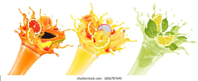 Sweet exotic juice splash. Whole and sliced papaya, cherry, peach, grapefruit and orange in a sweet juce or cocktail with splashes and drops isolated on transparent background. 3D. Vector.