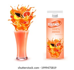 Sweet Exotic Juice Splash. Whole And Sliced Papaya, Cherry, Peach, Grapefruit And Orange In A Sweet Juce Or Cocktail With Splashes.  Design Template. Vector