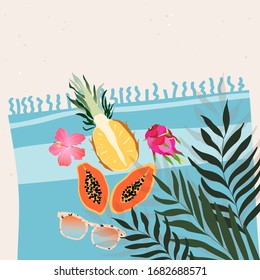 Sweet exotic tropical fruits, flowers and sunglasses laying on the beach towel. Summertime concept. Trendy vector illustration for web banner, greeting card, invitation design.