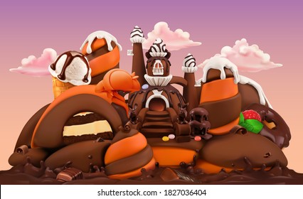 Sweet Factory. Chocolate Castle 3d Vector Cartoon Illustration. Plasticine Art