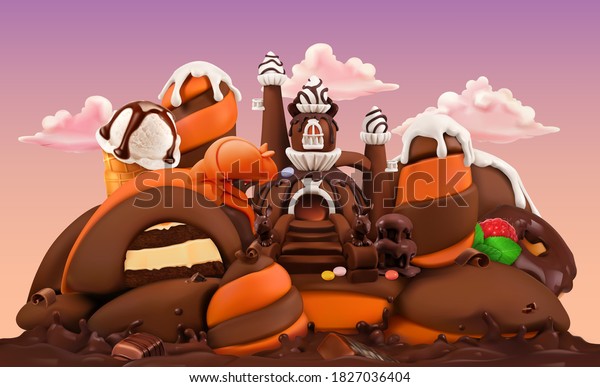 Sweet factory. Chocolate castle 3d vector\
cartoon illustration. Plasticine\
art