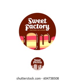 Sweet factory logo. Pastry emblem. Cake with chocolate and letters in a circle.