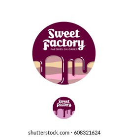 Sweet Factory Logo. Pastry Emblem. Cake With Chocolate And Letters In A Circle.