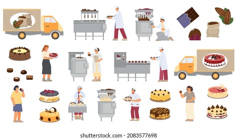 Sweet factory set with flat icons of cakes and cocoa products with industrial facilities and people vector illustration