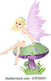 Sweet  Fairy Elf Sitting On Mushroom