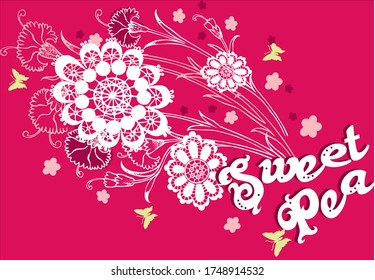 Sweet fairy. Floral design on fuchsia color background vector character illustration