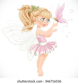 Sweet fairy in a pink tutu holding a large butterfly on the finger isolated on a white background